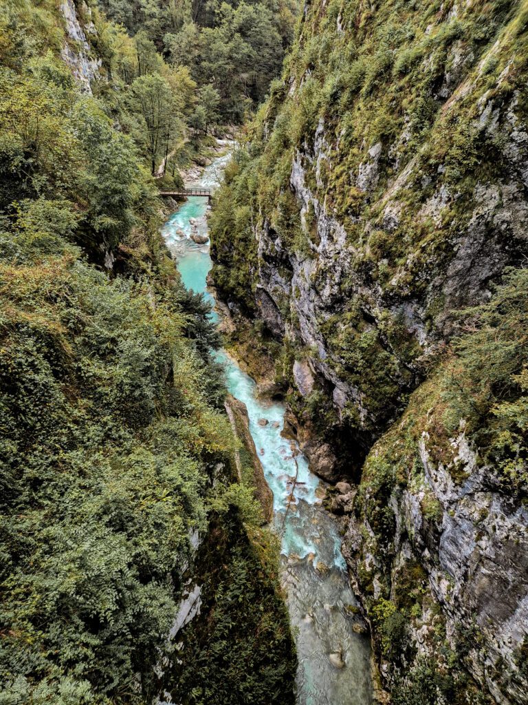 overview of the soca valley taken in the Tolmin gorge in Slovenia with kids